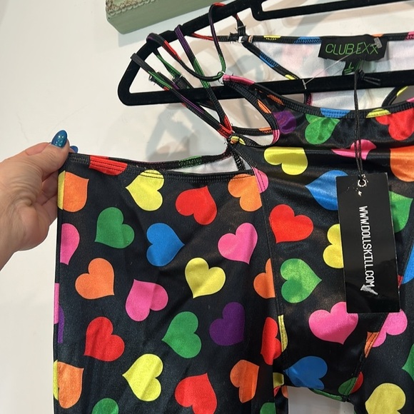 New dolls kill club ex black Colorful Heart Print g string pants flare large - Picture 4 of 5